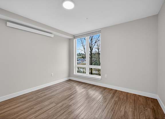 A room with a window showing a tree outside.