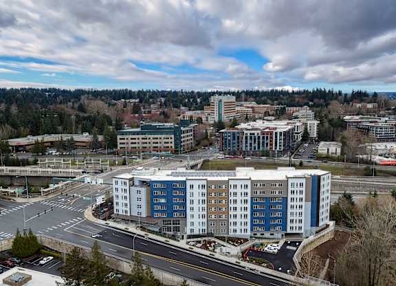 A large white and blue building is in the center of a roundabout.