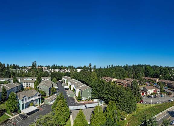 A bird's eye view of a residential area with houses and trees.