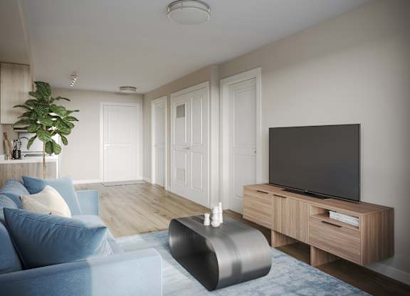 A modern living room with a blue sofa and a television on a wooden stand.