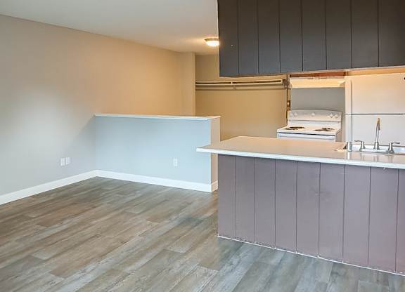 A kitchen with a white counter and a stove top oven.