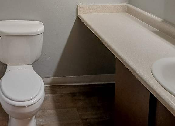 A white toilet sits next to a sink in a small bathroom.