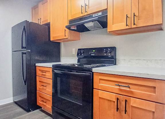 A kitchen with black appliances and wooden cabinets.