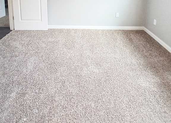 A room with a carpeted floor and a white door.