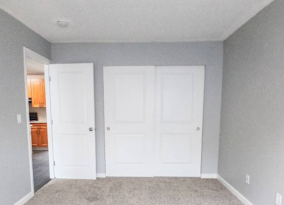 A room with two white doors and carpeted floor.