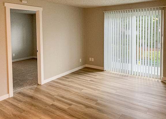 A room with a wooden floor and a sliding glass door.