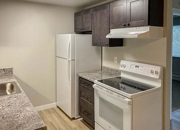 A kitchen with a white fridge and stove.