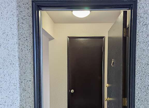 A hallway with a black door and a tiled floor.