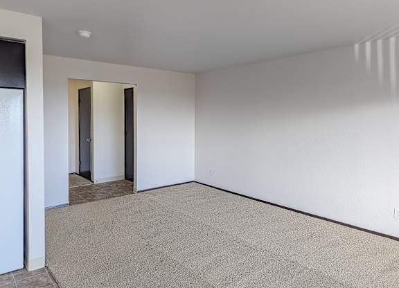 A room with a carpeted floor and a white wall.