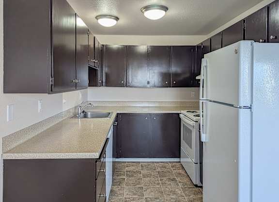 A kitchen with a white refrigerator, black cabinets, and a sink.