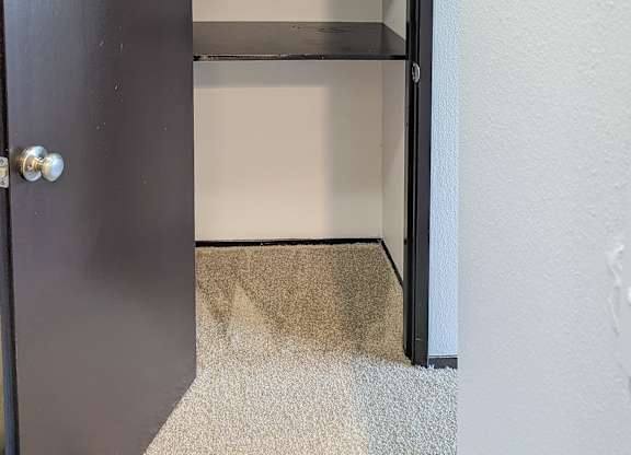 A black door with a silver handle is open to a white wall.
