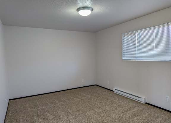 A room with a carpeted floor and a window with blinds.