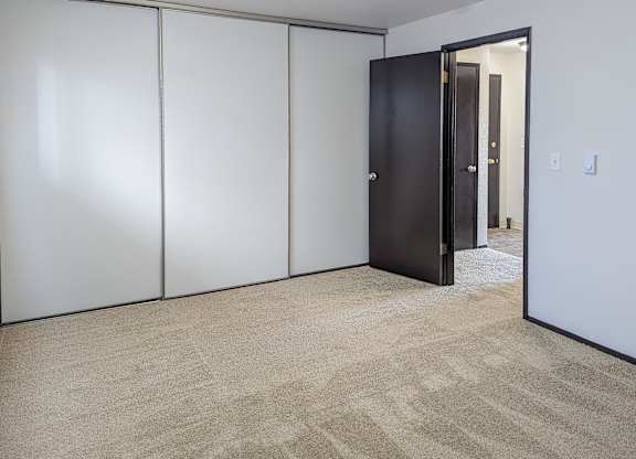 A room with a carpeted floor, a black door, and a white wall.