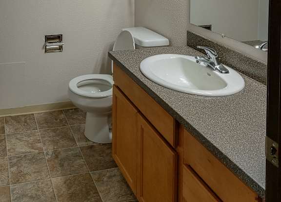 A bathroom with a toilet, sink, and grab bars.