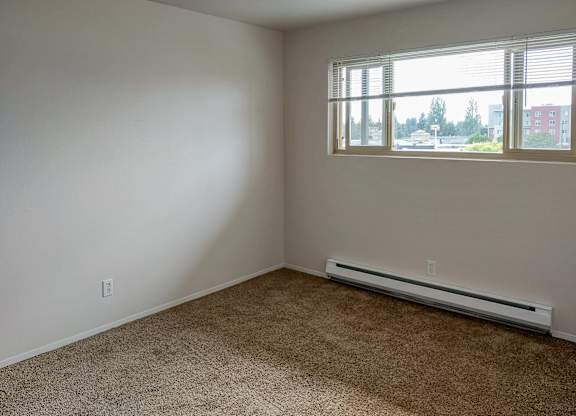 A room with a window and a carpeted floor.