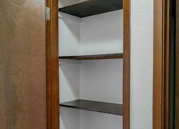 A pantry with a door open showing shelves.