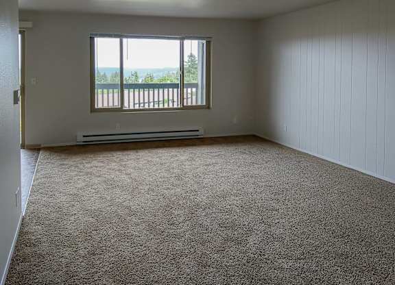 A room with a carpeted floor and a window with a view of the outdoors.