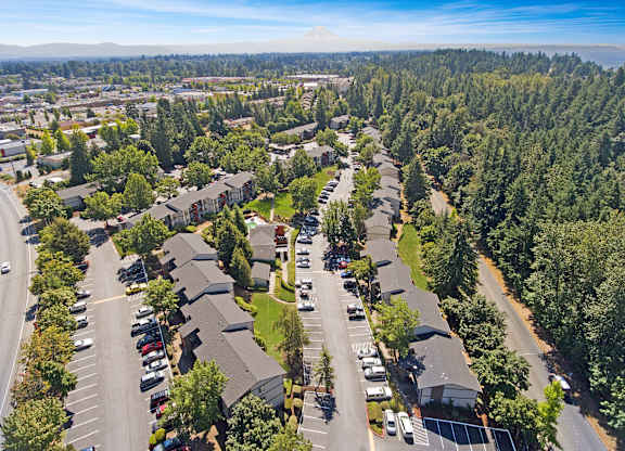 A bird's eye view of a residential area with houses and cars.