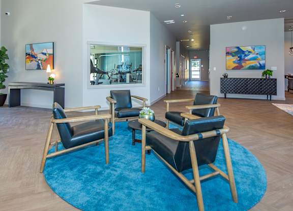 A living room with a blue rug and black chairs.