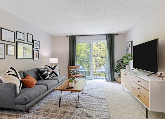 A living room with a grey couch, a coffee table, a television, and a window with curtains.