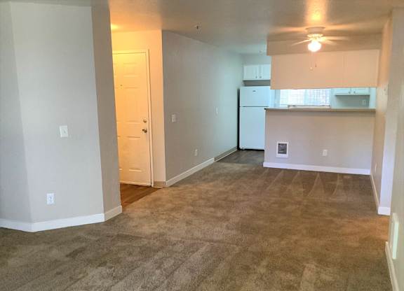 A room with a carpeted floor and a ceiling fan.