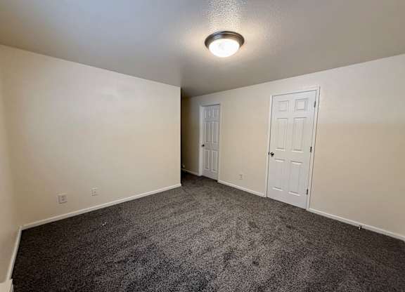 A room with a carpeted floor and two doors.