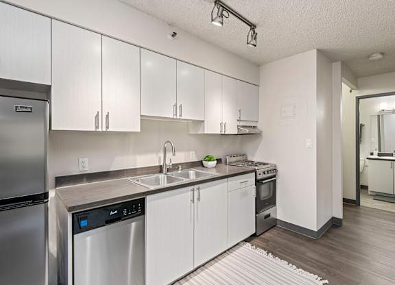 Apartments for Rent Near St. Joseph Medical Center, Tacoma, WA - The Orion - Modern Kitchen With White Cabinets, Stainless Steel Appliances, Track Lighting, and Bathroom Entry.