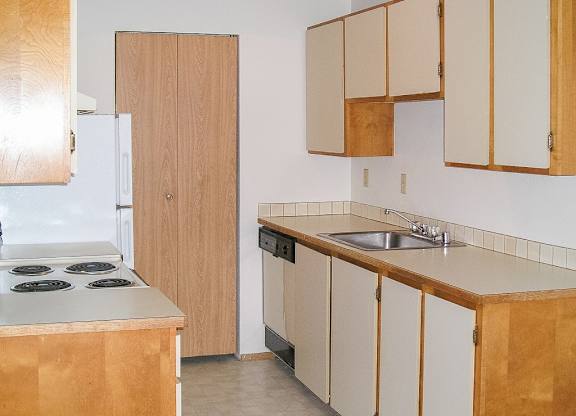 A kitchen with a stove, sink, and cabinets.