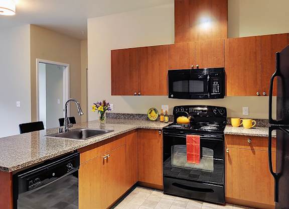 A kitchen with a black oven and refrigerator.