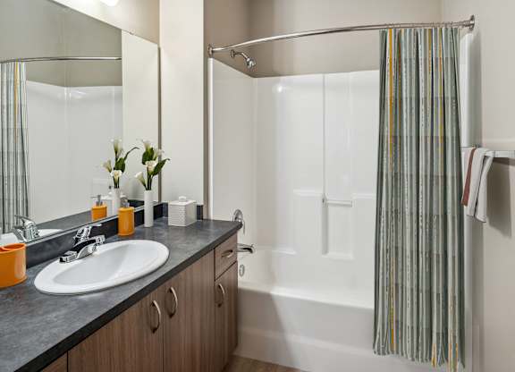 A bathroom with a sink, mirror, and shower.