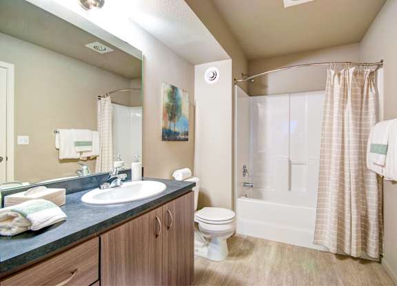 A bathroom with a toilet, sink, and shower.