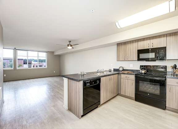 A kitchen with black appliances and wooden cabinets.