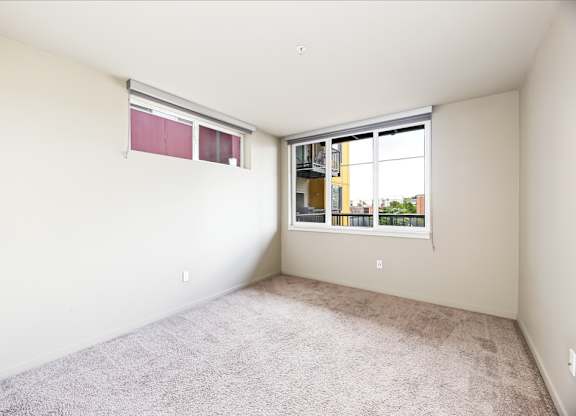 A room with a window and a carpeted floor.