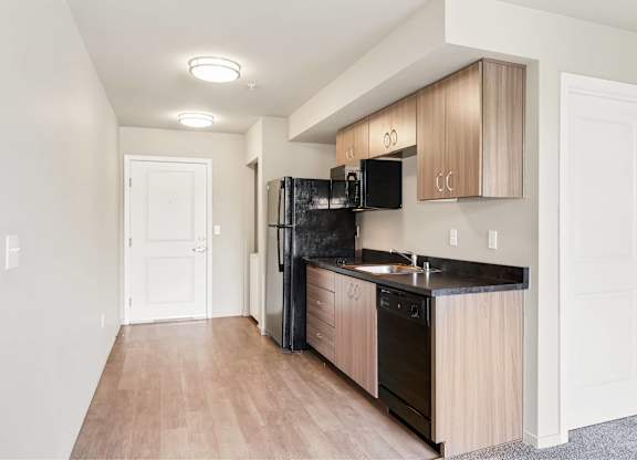 A kitchen with black appliances and wooden cabinets.