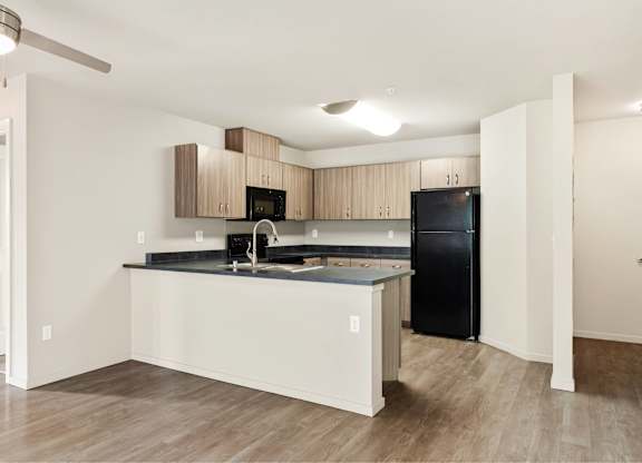 A kitchen with a black fridge and a black microwave.