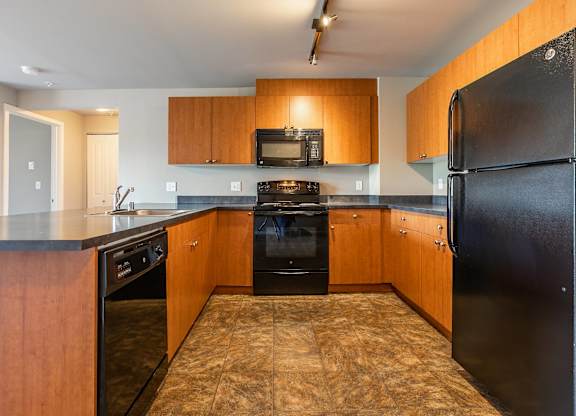 A kitchen with a black refrigerator and wooden cabinets.