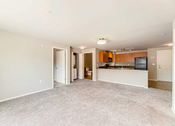 A spacious living room with a television and a kitchenette in the background.