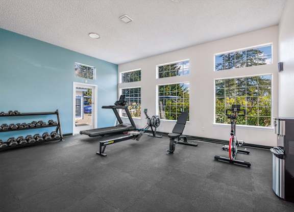 A gym with a row of dumbbells on the left and a row of exercise equipment in the middle.