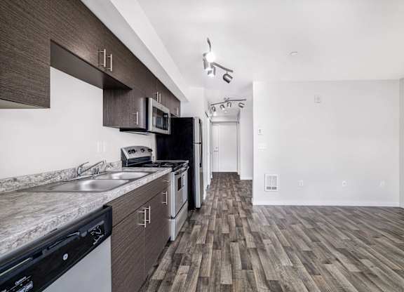 A kitchen with a black fridge and a black dishwasher.