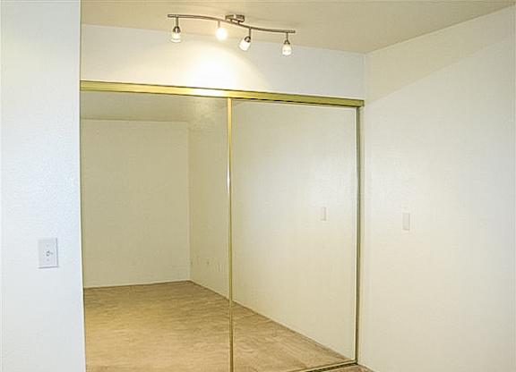 A room with a white wall and a mirrored door.