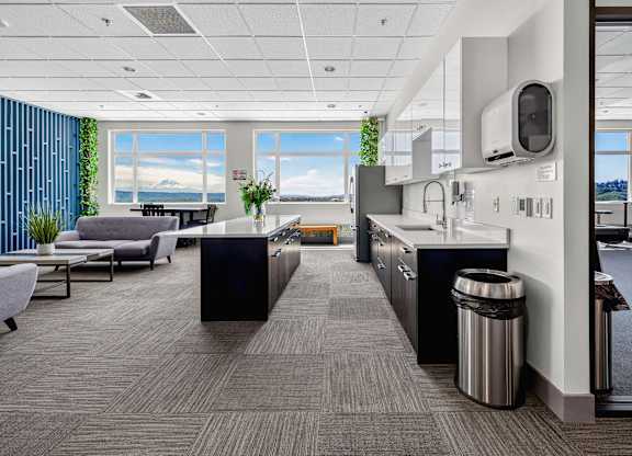 A modern office space with a view of the lake.