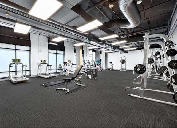 A gym with a variety of equipment including weights and treadmills.