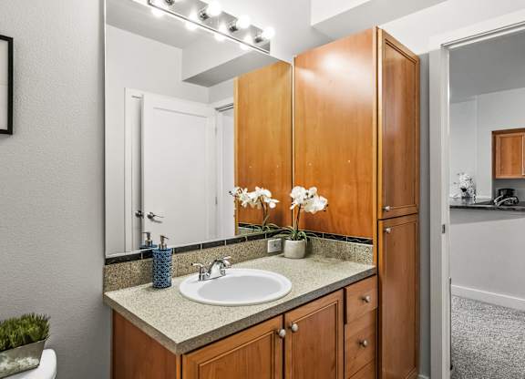 A bathroom with a sink, mirror, and wooden cabinets.