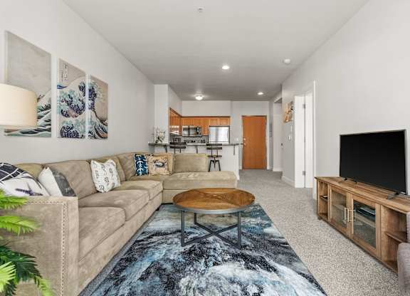 A living room with a couch, a coffee table, and a television.