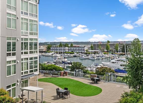 A view of a marina from a high-rise building.