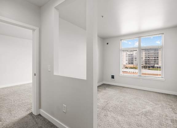 A room with a carpeted floor and a window showing a building outside.