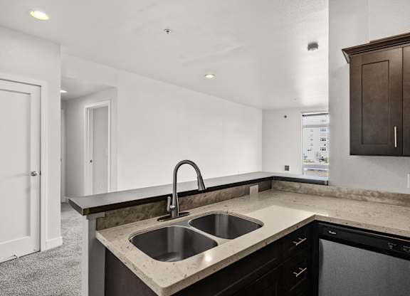 A kitchen with a sink and a dishwasher.