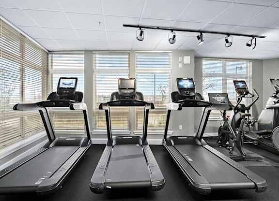 Three treadmills are lined up in a row in a bright room.