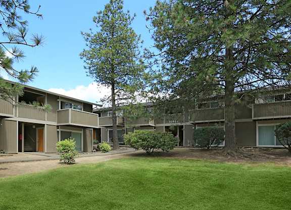 A grassy courtyard surrounded by apartment buildings.