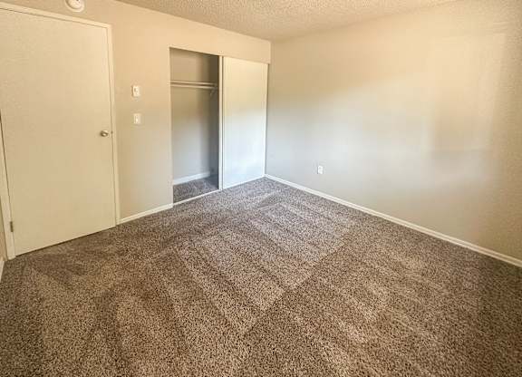 A carpeted room with a door and a closet.